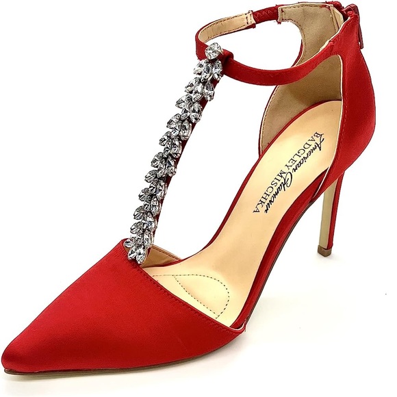 BADGLEY MISCHKA AMERICAN GLAMOUR Red Pointed Toe Embellished Heels - Picture 7 of 11